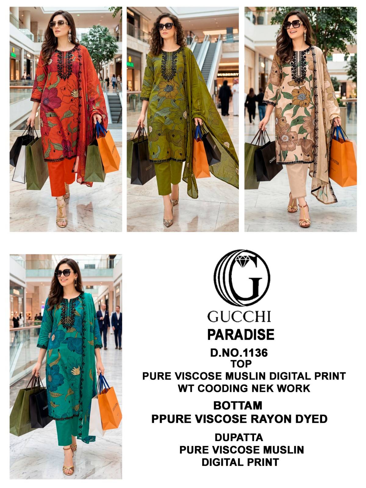 PARADISE VOL 1136 BY GUCCHI Stylish Beautiful Colourful Pure Viscose Muslin Dresses At Wholesale Price